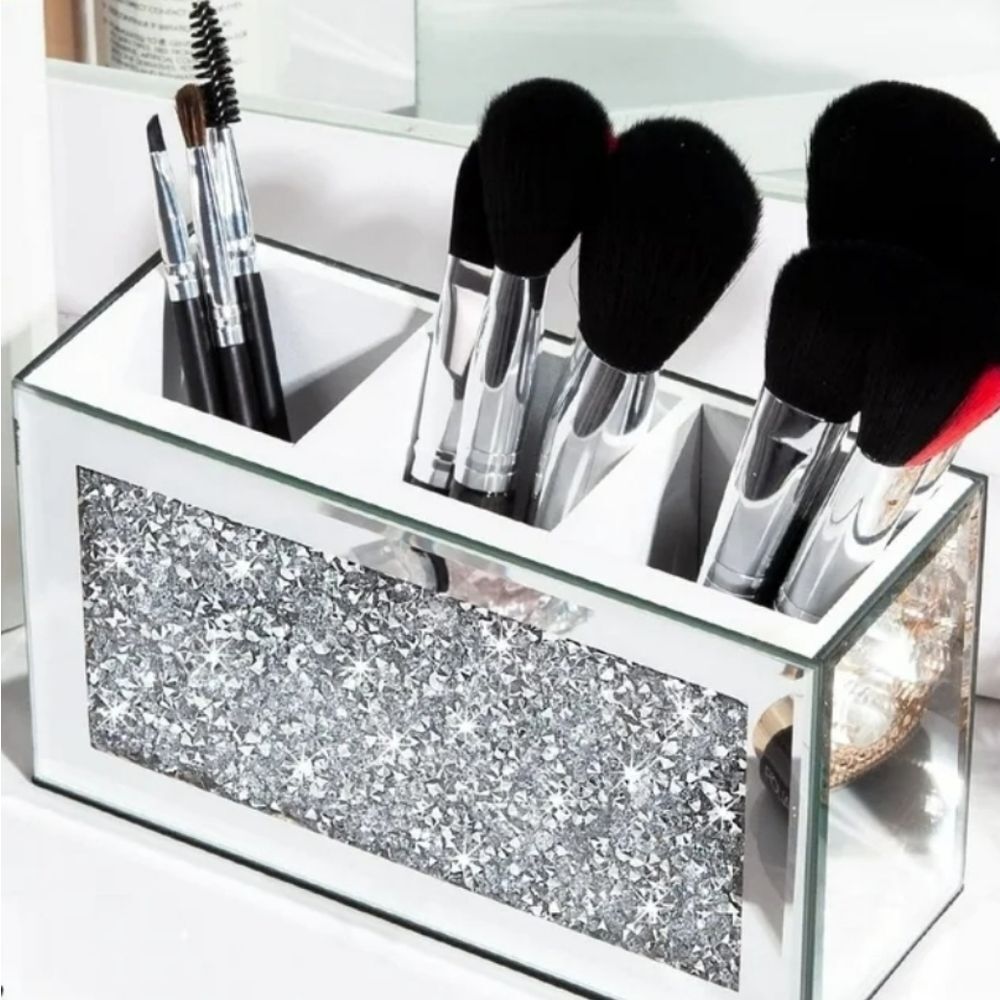 At Home Crushed Diamond Mirrored Triple Compartment Organizer